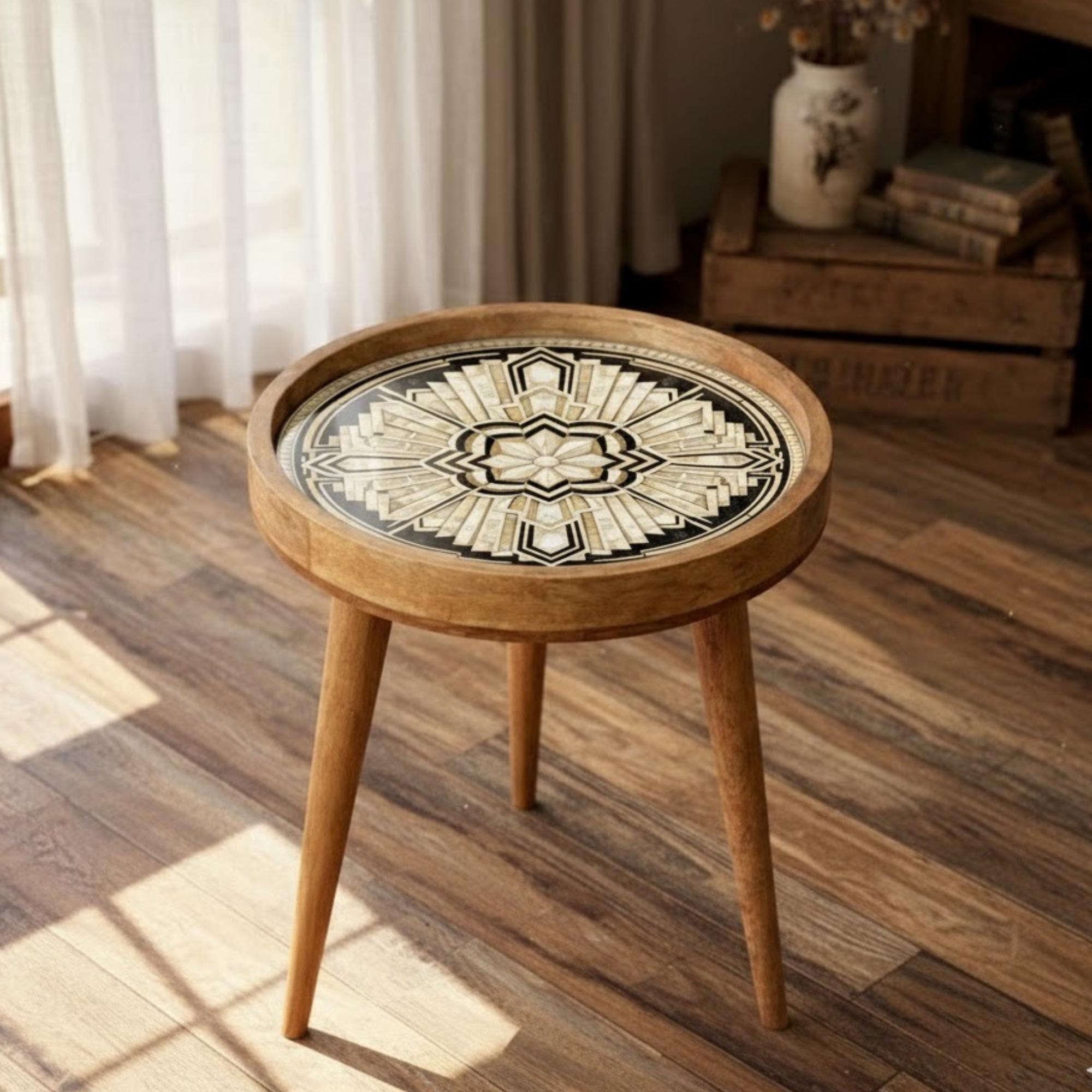 Handmade Mango Wood Side Table | Geometric Print Round Accent Table