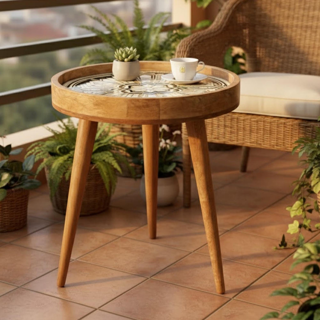 Handmade Mango Wood Side Table | Geometric Print Round Accent Table