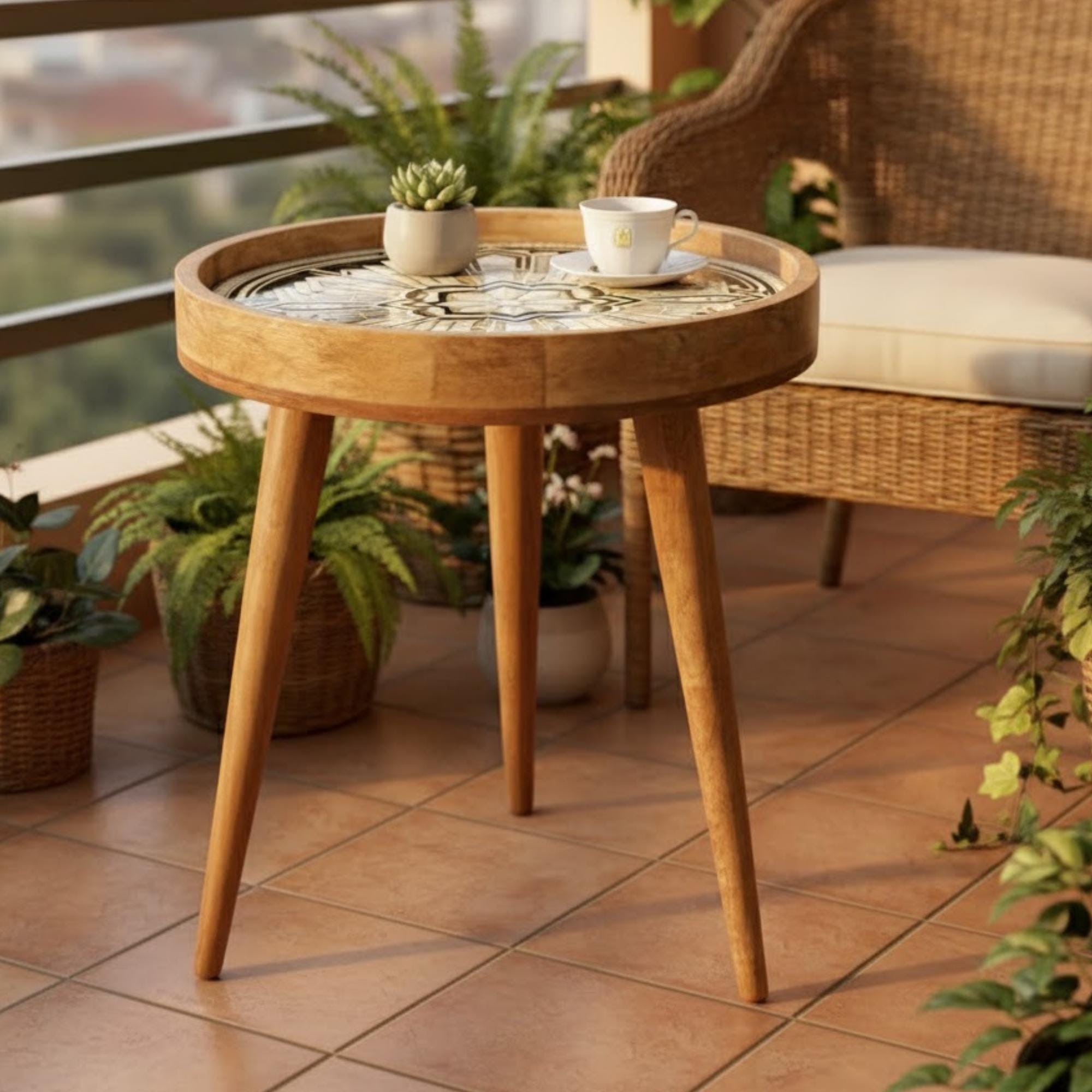Handmade Mango Wood Side Table | Geometric Print Round Accent Table
