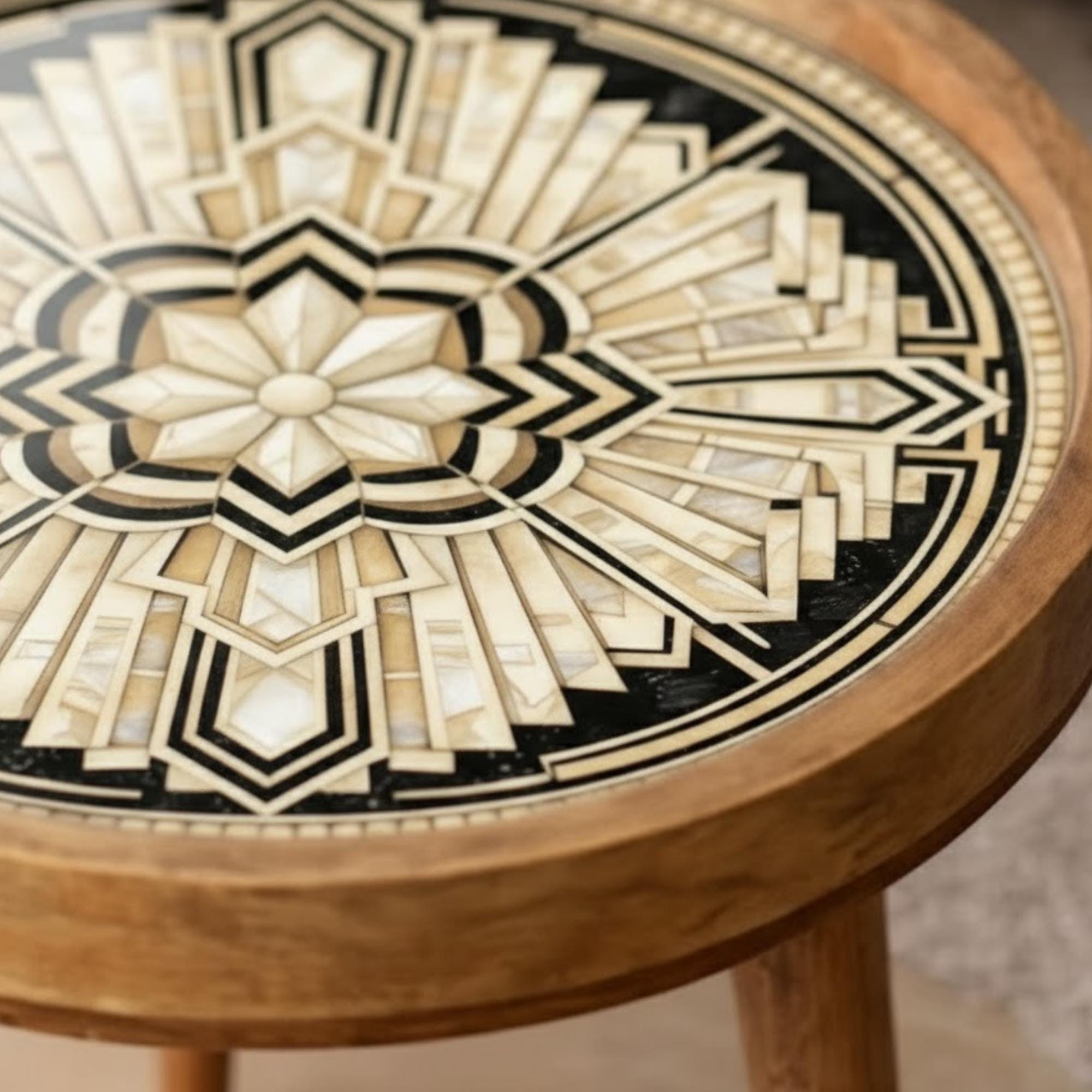 Handmade Mango Wood Side Table | Geometric Print Round Accent Table
