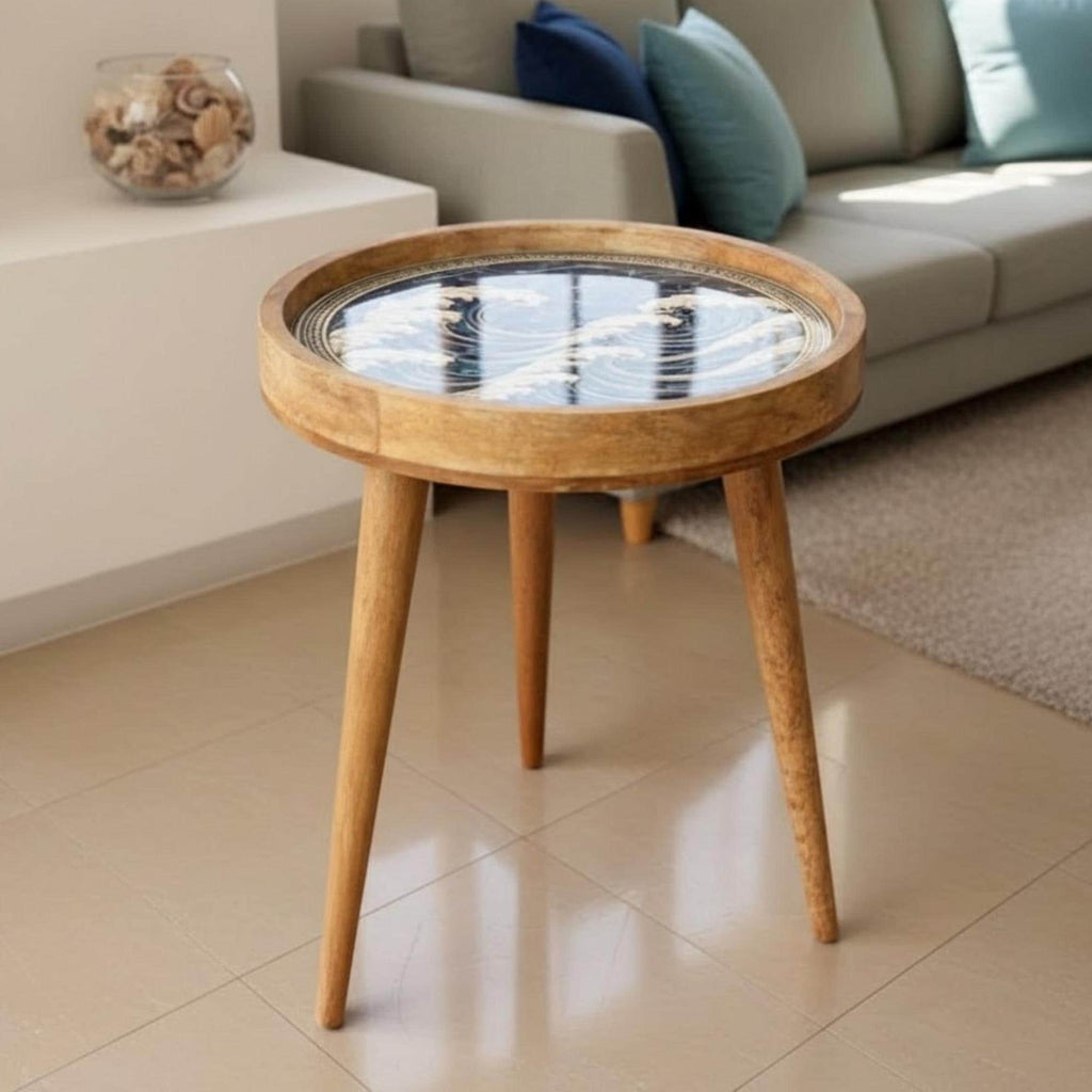 Handmade Mango Wood Side Table | Ocean Wave Art Accent Table