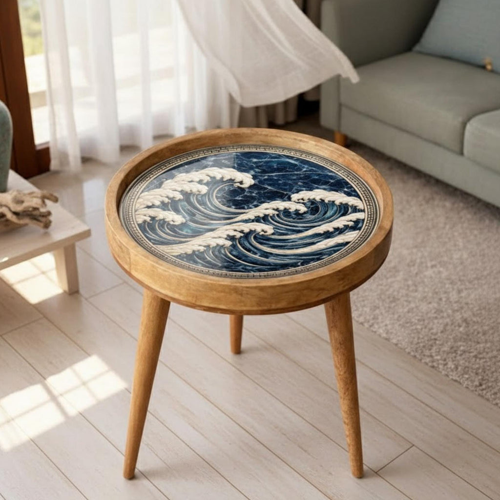 Handmade Mango Wood Side Table | Ocean Wave Art Accent Table