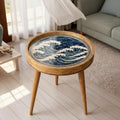 Handmade Mango Wood Side Table | Ocean Wave Art Accent Table