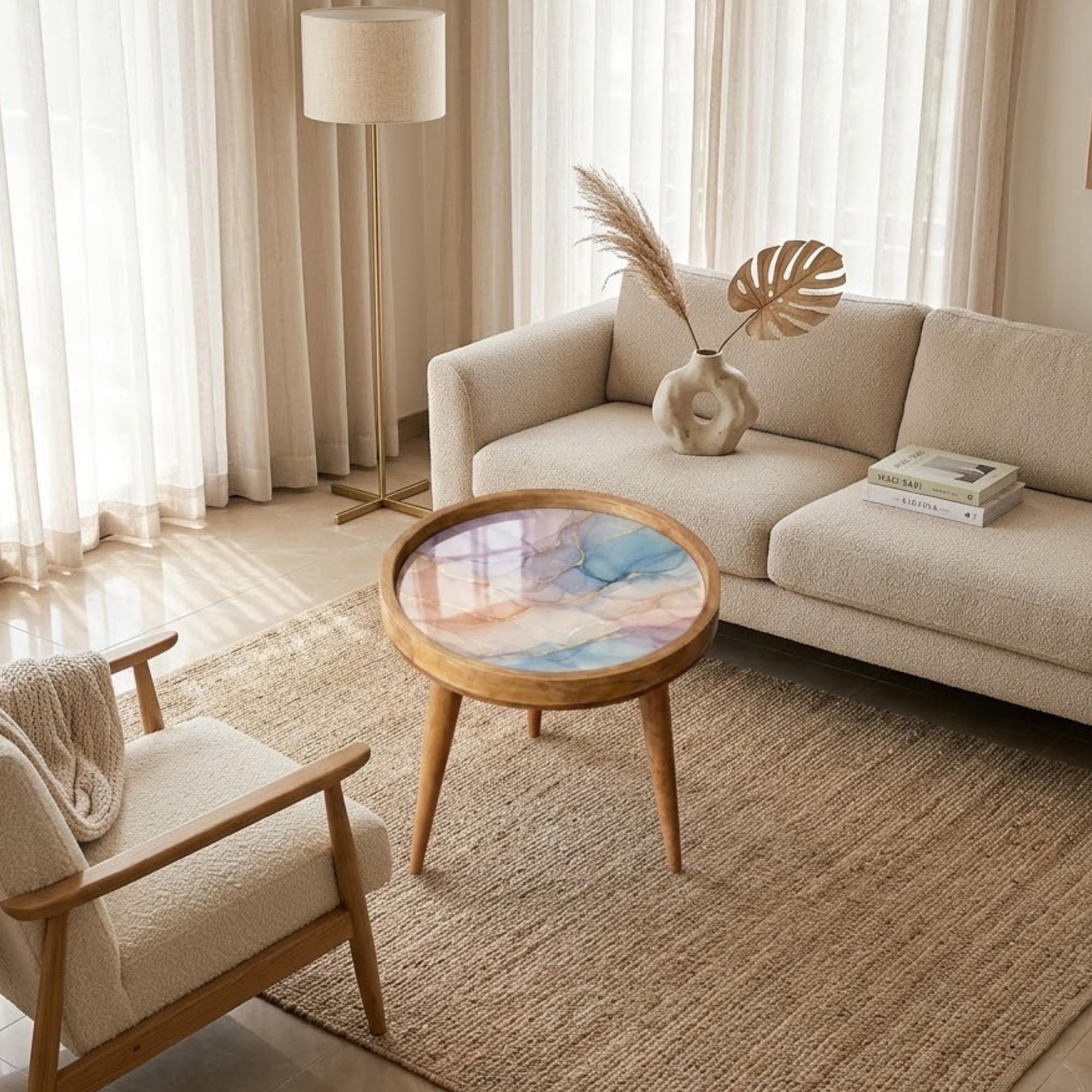 Mango Wood Side Table | Pastel Alcohol Ink Marble Print, Glass Top Accent Table