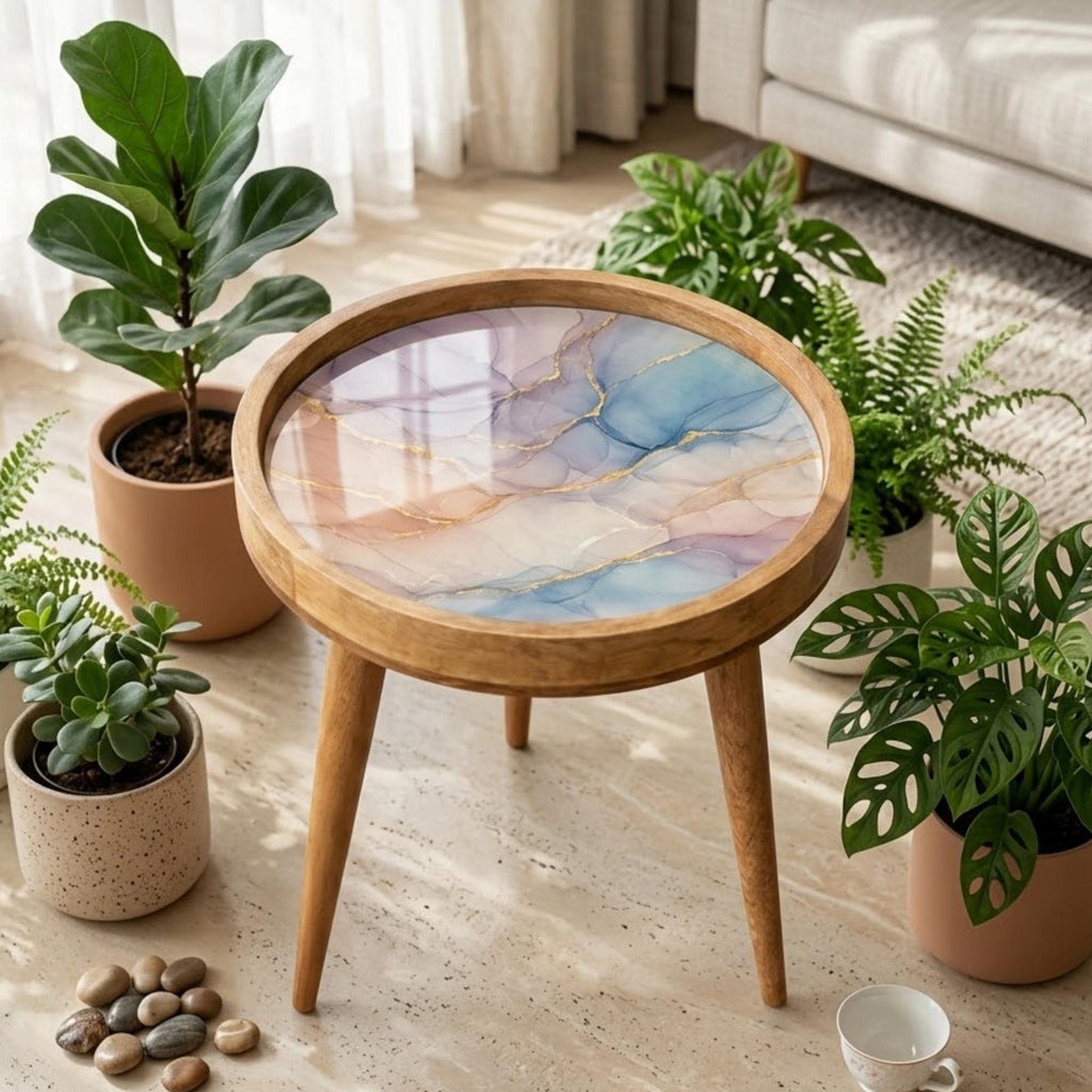 Mango Wood Side Table | Pastel Alcohol Ink Marble Print, Glass Top Accent Table