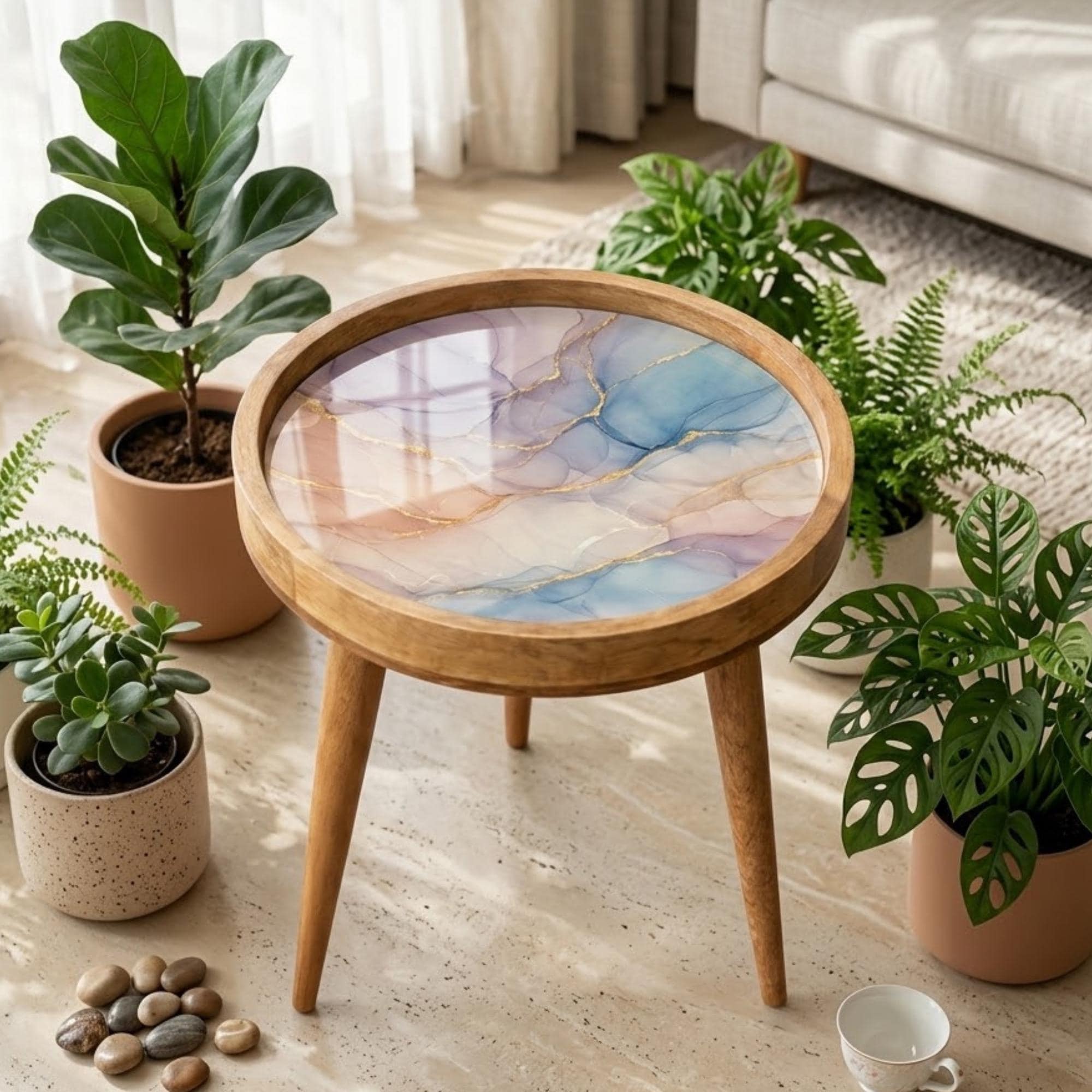 Mango Wood Side Table | Pastel Alcohol Ink Marble Print, Glass Top Accent Table