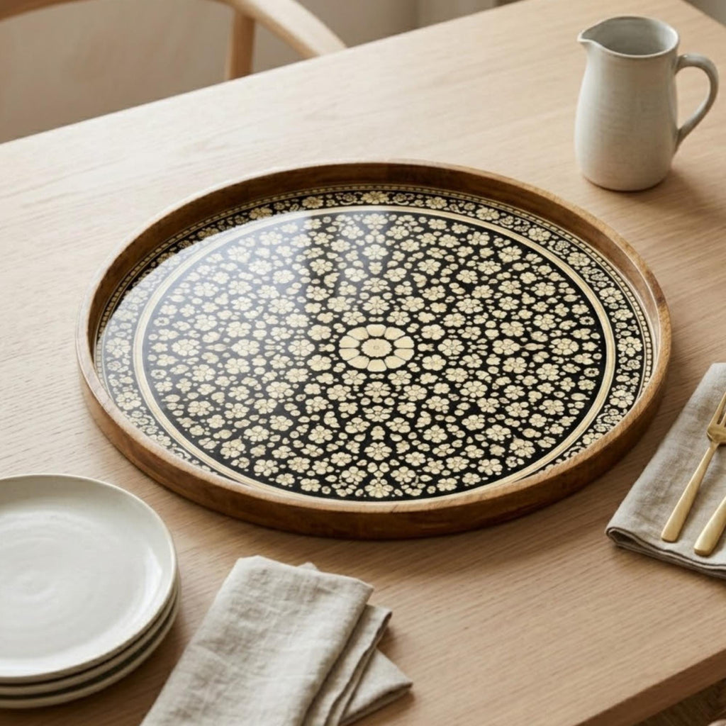 Black Mandala Wooden Tray Printed | Mango Wood Round Tea Serving Decor
