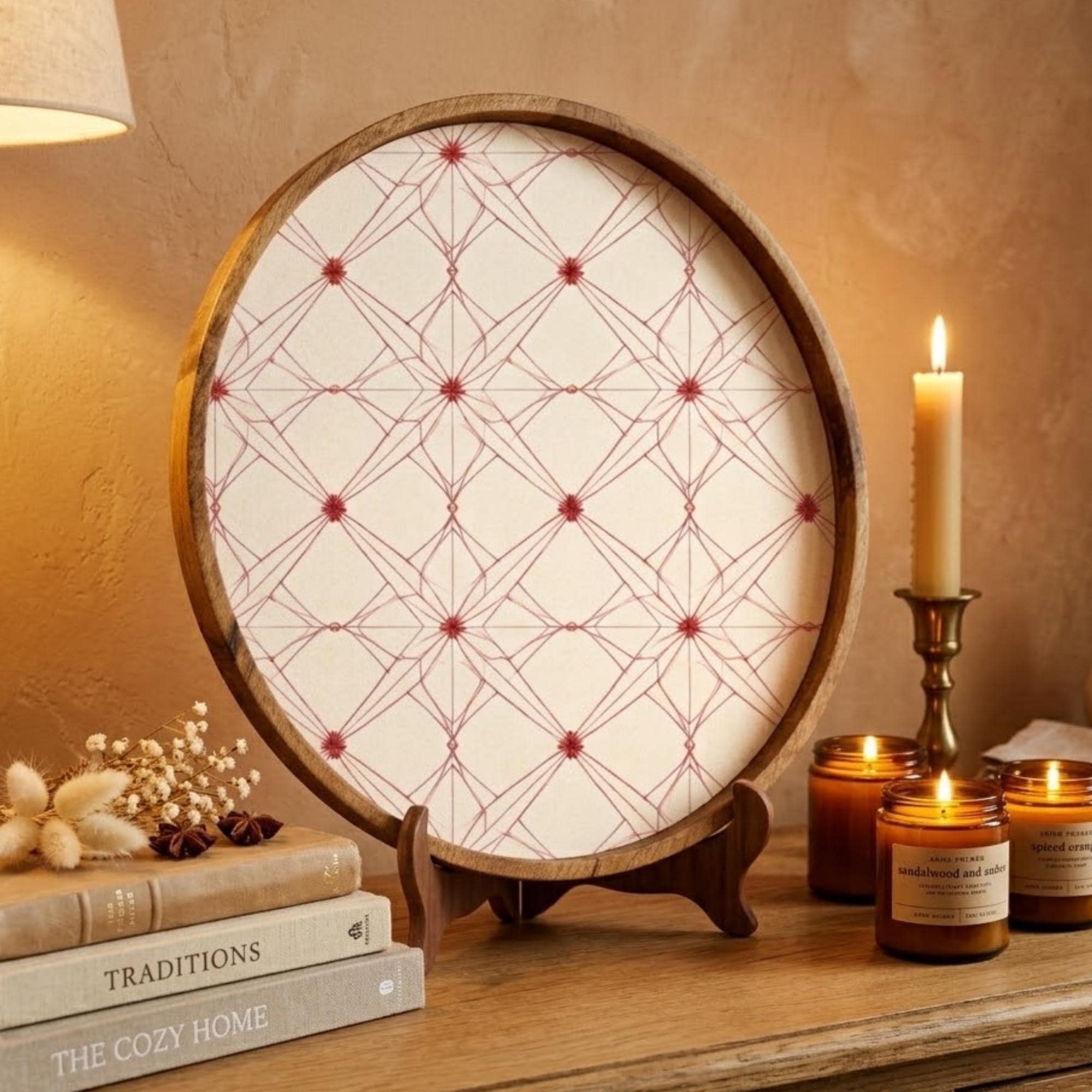 Geometric Wooden Serving Tray Printed | Round Mango Wood Coffee Table Decor | Minimal Kitchen Organizer