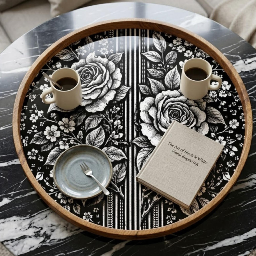 Black White Floral Wooden Tray | Mango Wood Printed Coffee Table Decor | Tea Platter