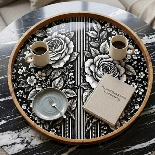 Black White Floral Wooden Tray | Mango Wood Printed Coffee Table Decor | Tea Platter