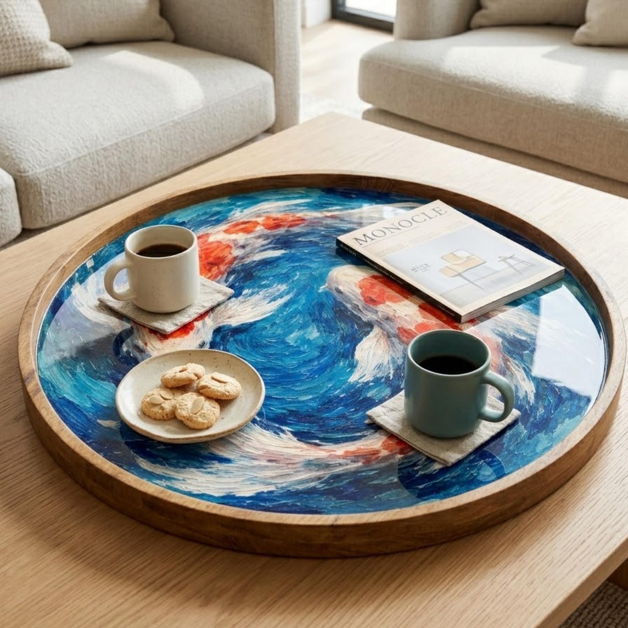Abstract Ocean Wooden Tray | Mango Wood Printed Coffee Table Decor | Blue Art Tea Platter