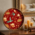 Red Bird Floral Mango Wood Tray | Round Coffee Table Decor, Serving Platter