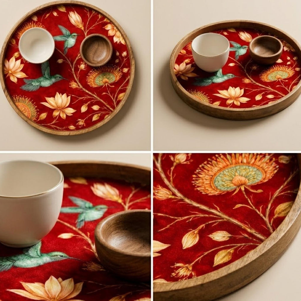 Red Bird Floral Mango Wood Tray | Round Coffee Table Decor, Serving Platter