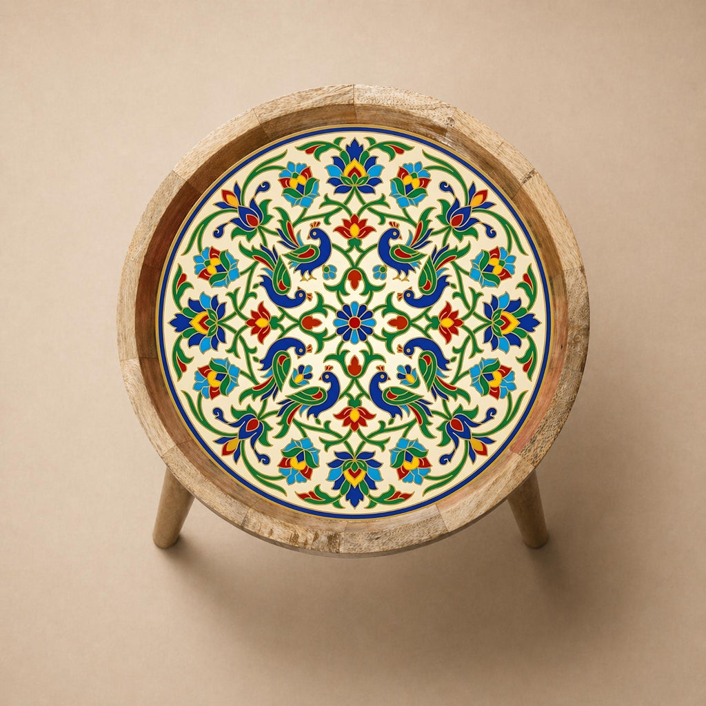 Handmade Printed Mango Wood Side Table | Round Boho Floral End Table | Decorative Accent Furniture