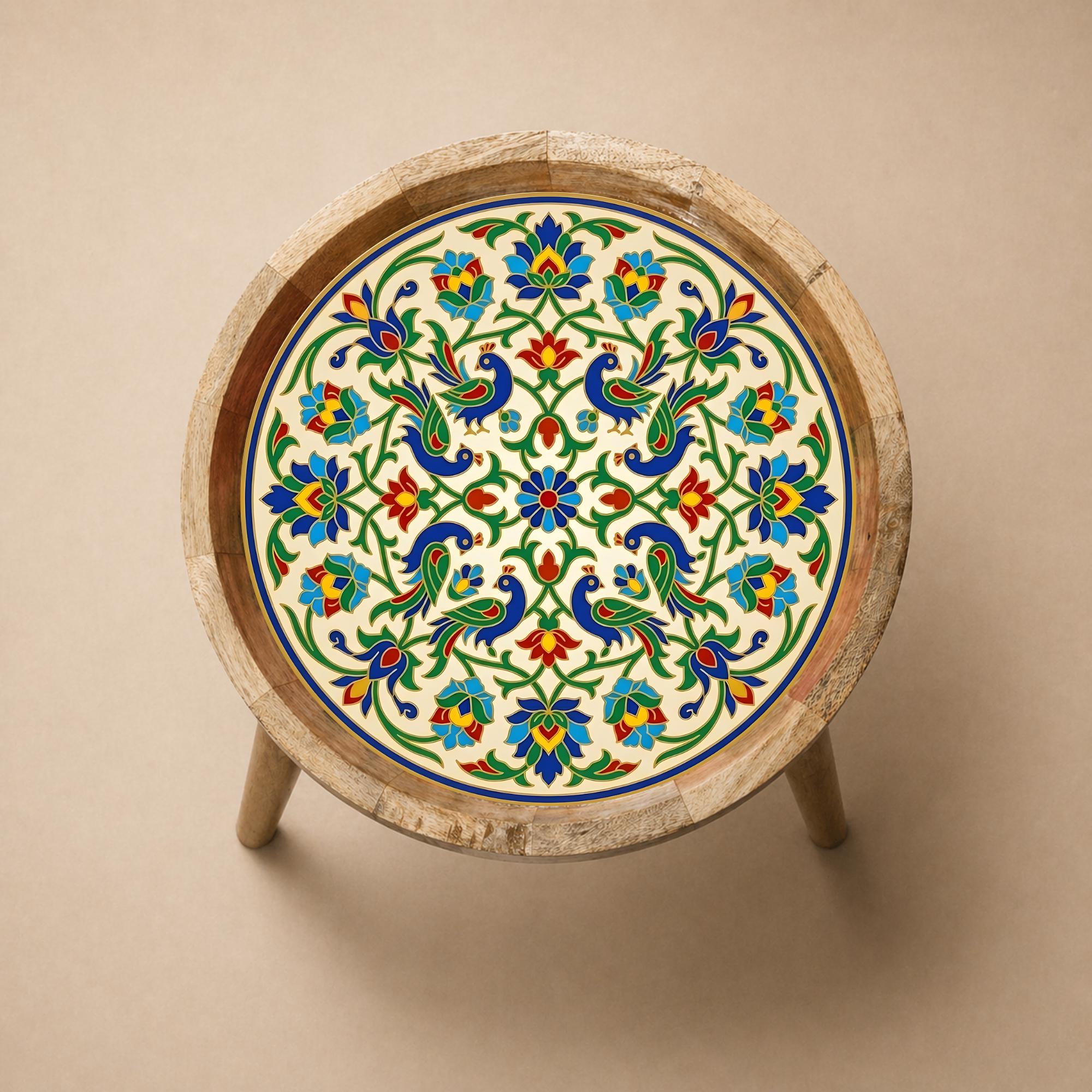 Handmade Printed Mango Wood Side Table | Round Boho Floral End Table | Decorative Accent Furniture