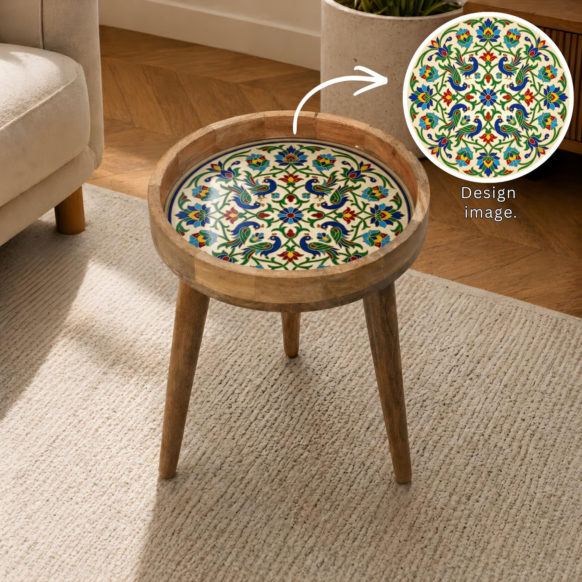Handmade Printed Mango Wood Side Table | Round Boho Floral End Table | Decorative Accent Furniture