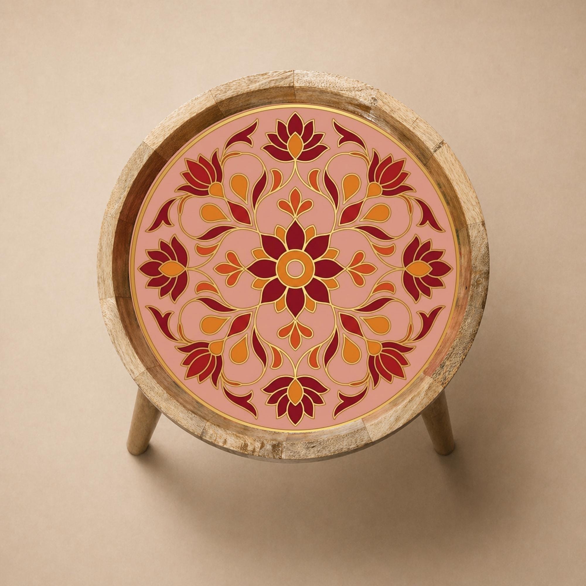 Handmade Pink Floral Mango Wood Round Side Table | Boho Accent Furniture