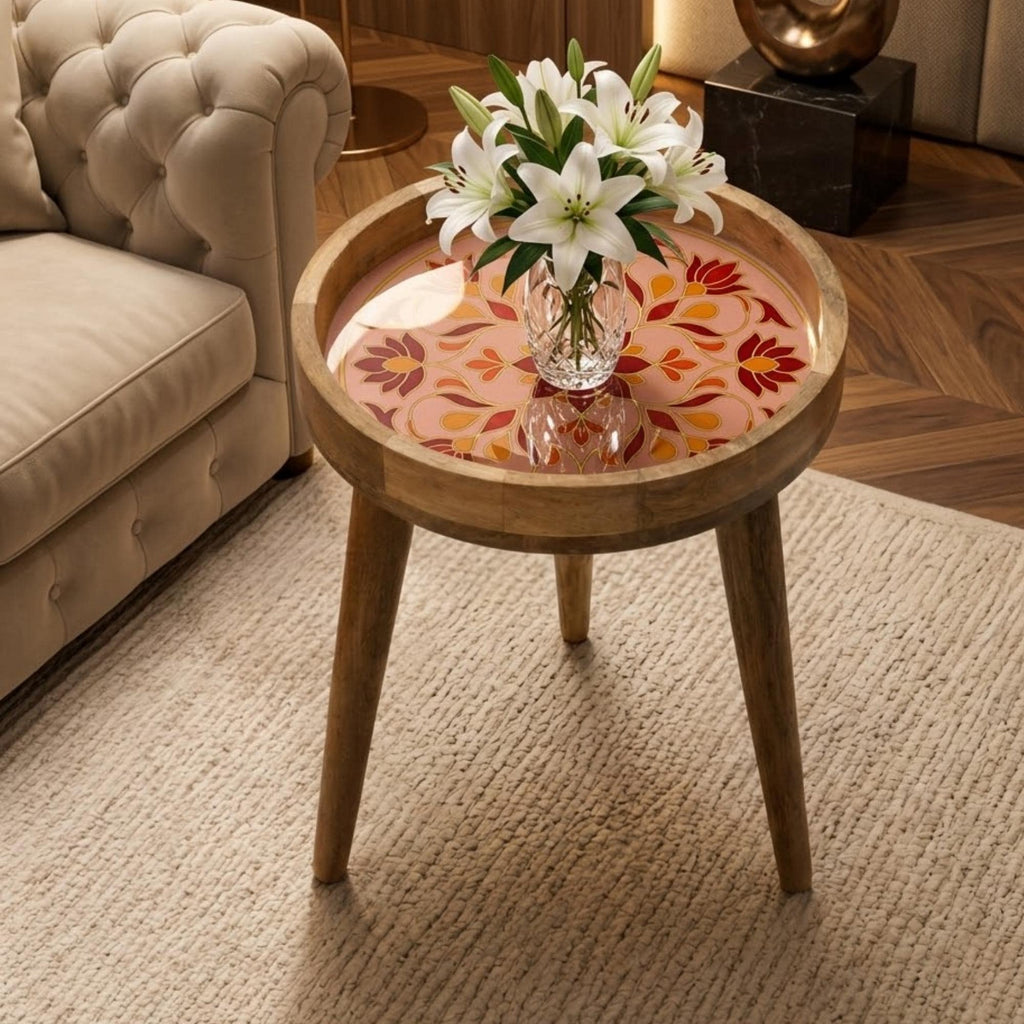 Handmade Pink Floral Mango Wood Round Side Table | Boho Accent Furniture