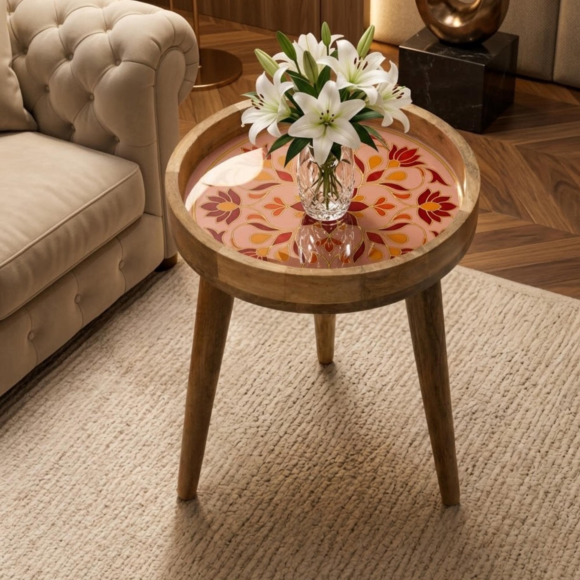 Handmade Pink Floral Mango Wood Round Side Table | Boho Accent Furniture
