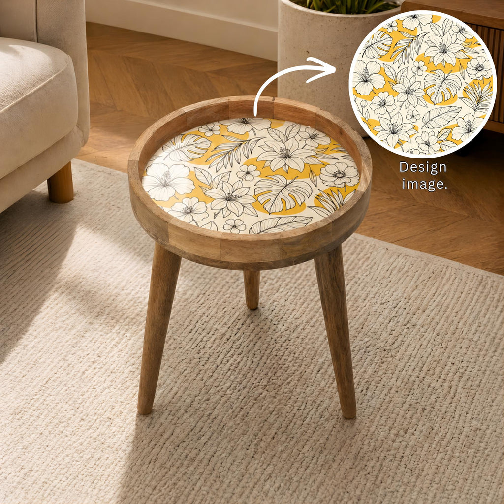 Handmade Printed Mango Wood Side Table | Yellow Floral Round End Table | Boho Accent Furniture