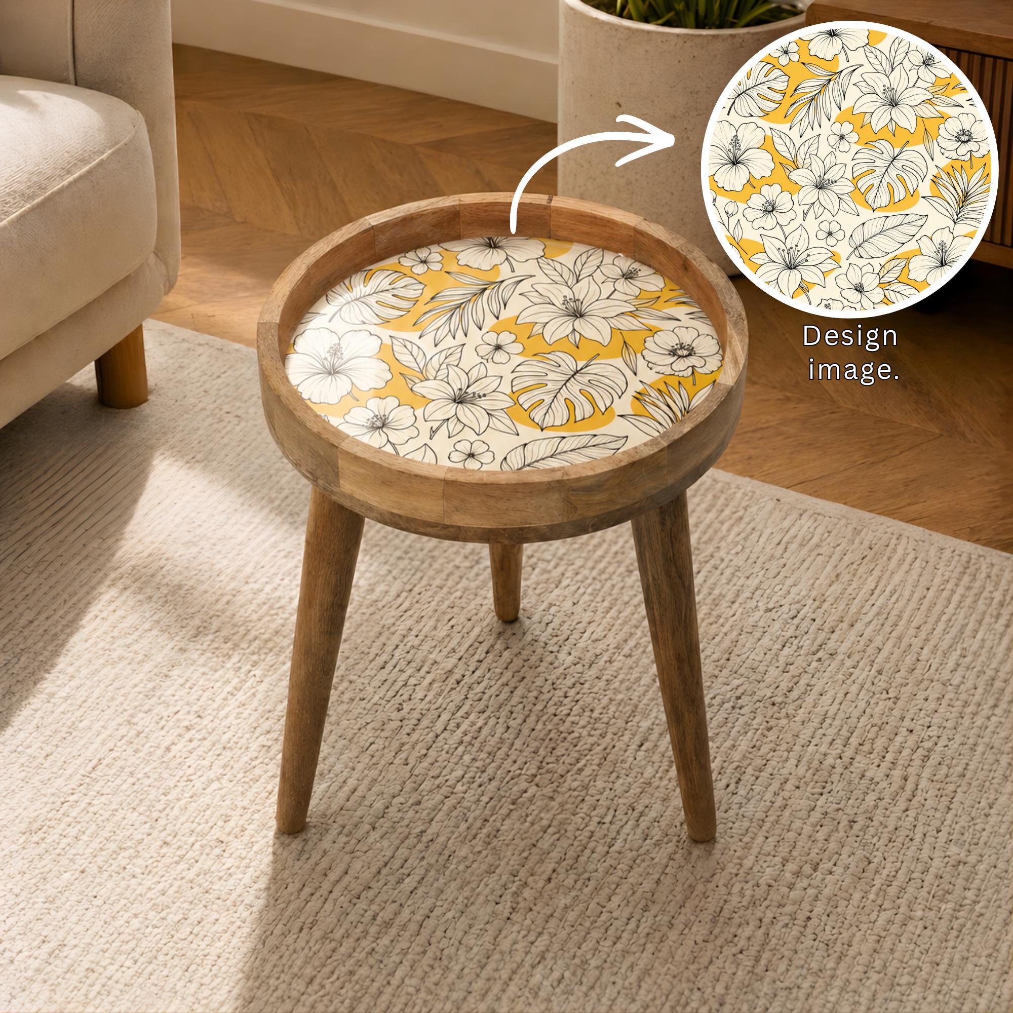 Handmade Printed Mango Wood Side Table | Yellow Floral Round End Table | Boho Accent Furniture