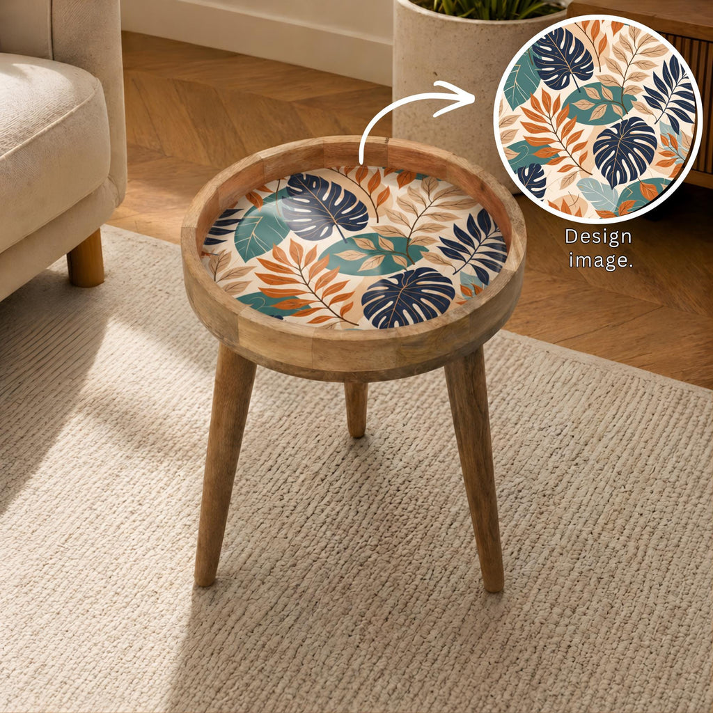 Handmade Printed Mango Wood Side Table | Tropical Leaf Round End Table | Boho Accent Furniture