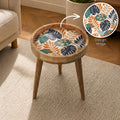 Handmade Printed Mango Wood Side Table | Tropical Leaf Round End Table | Boho Accent Furniture