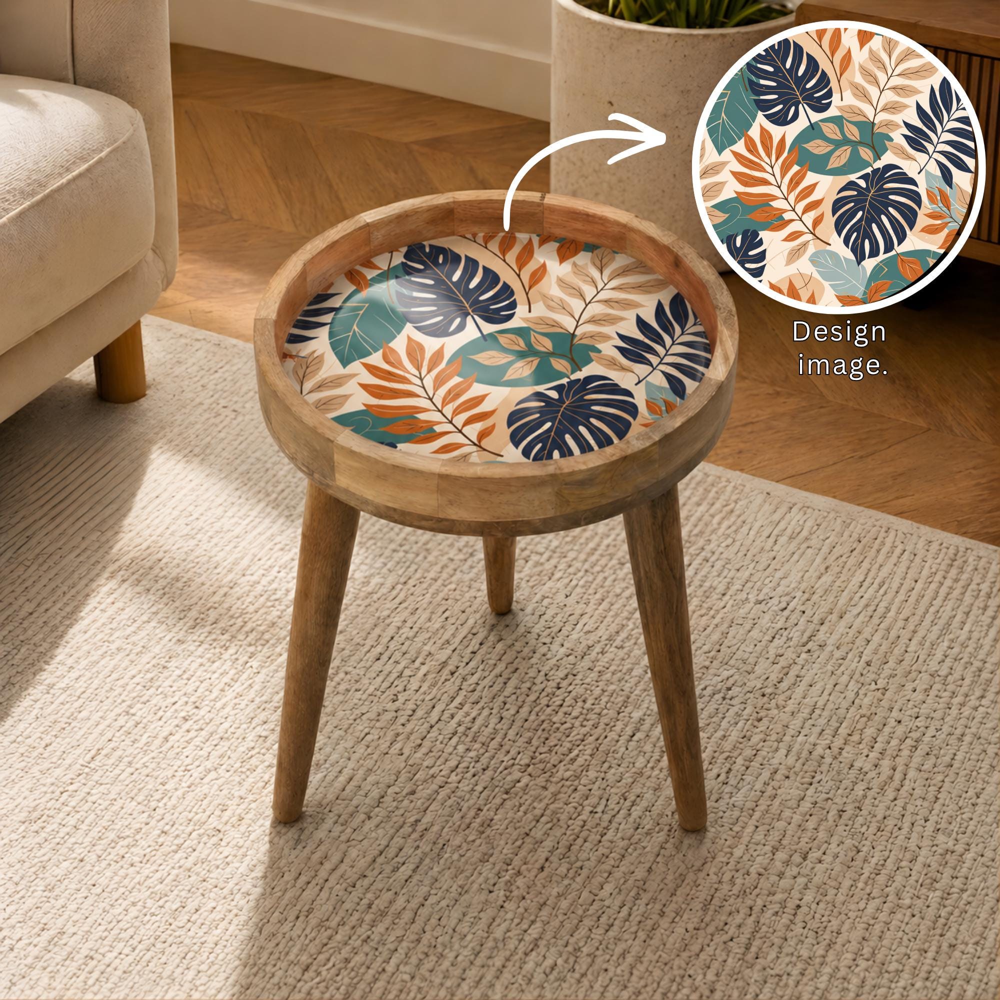 Handmade Printed Mango Wood Side Table | Tropical Leaf Round End Table | Boho Accent Furniture