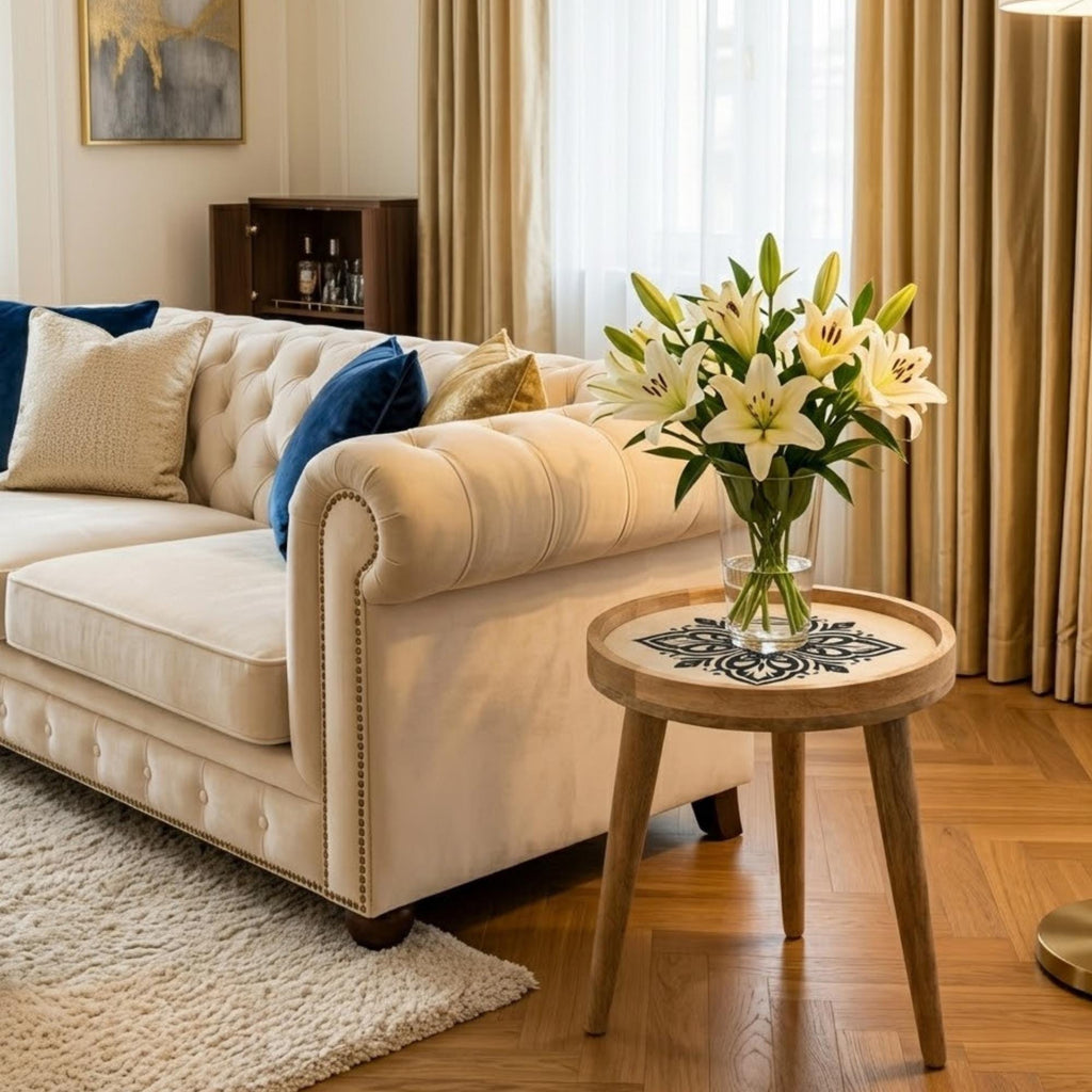 Handmade Mango Wood Side Table | Black White Mandala Round Accent Furniture