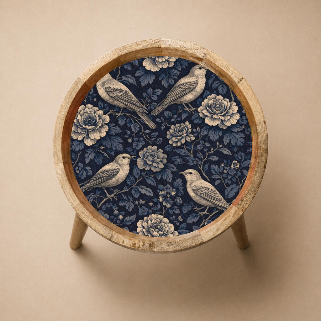 Handmade Mango Wood Side Table | Blue Bird Floral Round Accent Furniture