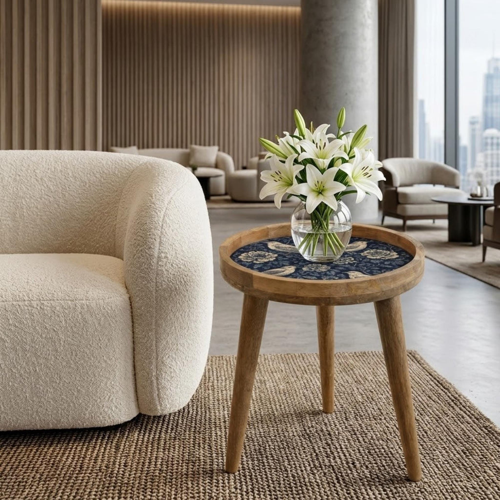 Handmade Mango Wood Side Table | Blue Bird Floral Round Accent Furniture
