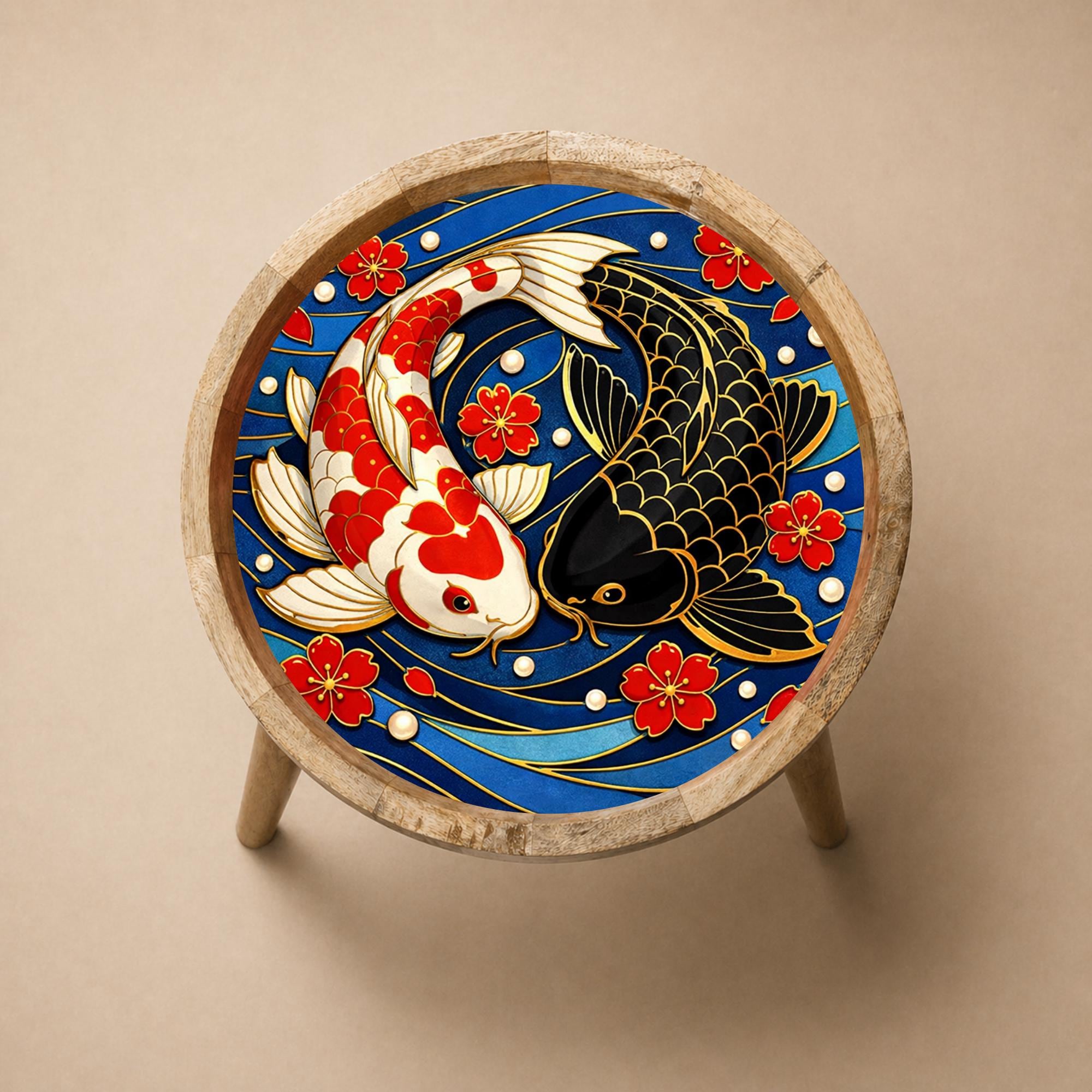 Japanese Koi Round Side Table – Decorative Wood Accent Table