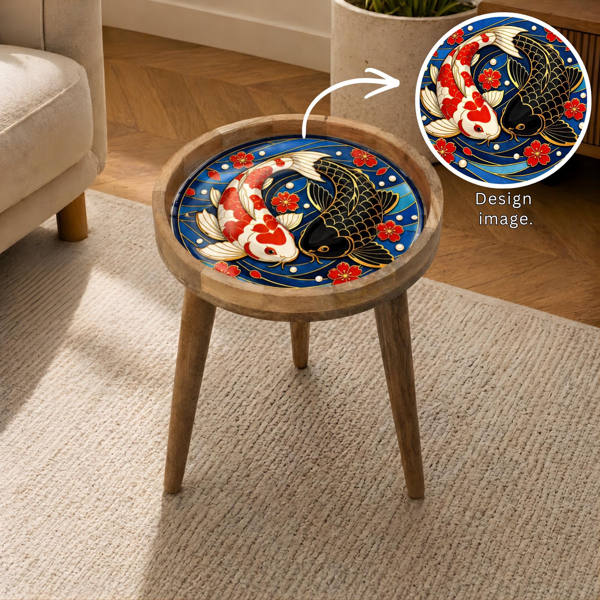 Japanese Koi Round Side Table – Decorative Wood Accent Table