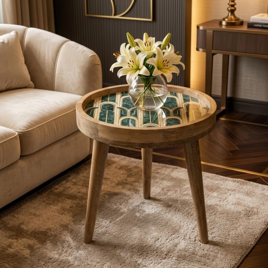Round Mango Wood Printed End Table | Green Marble Pattern Side Table | Modern Glam Decor