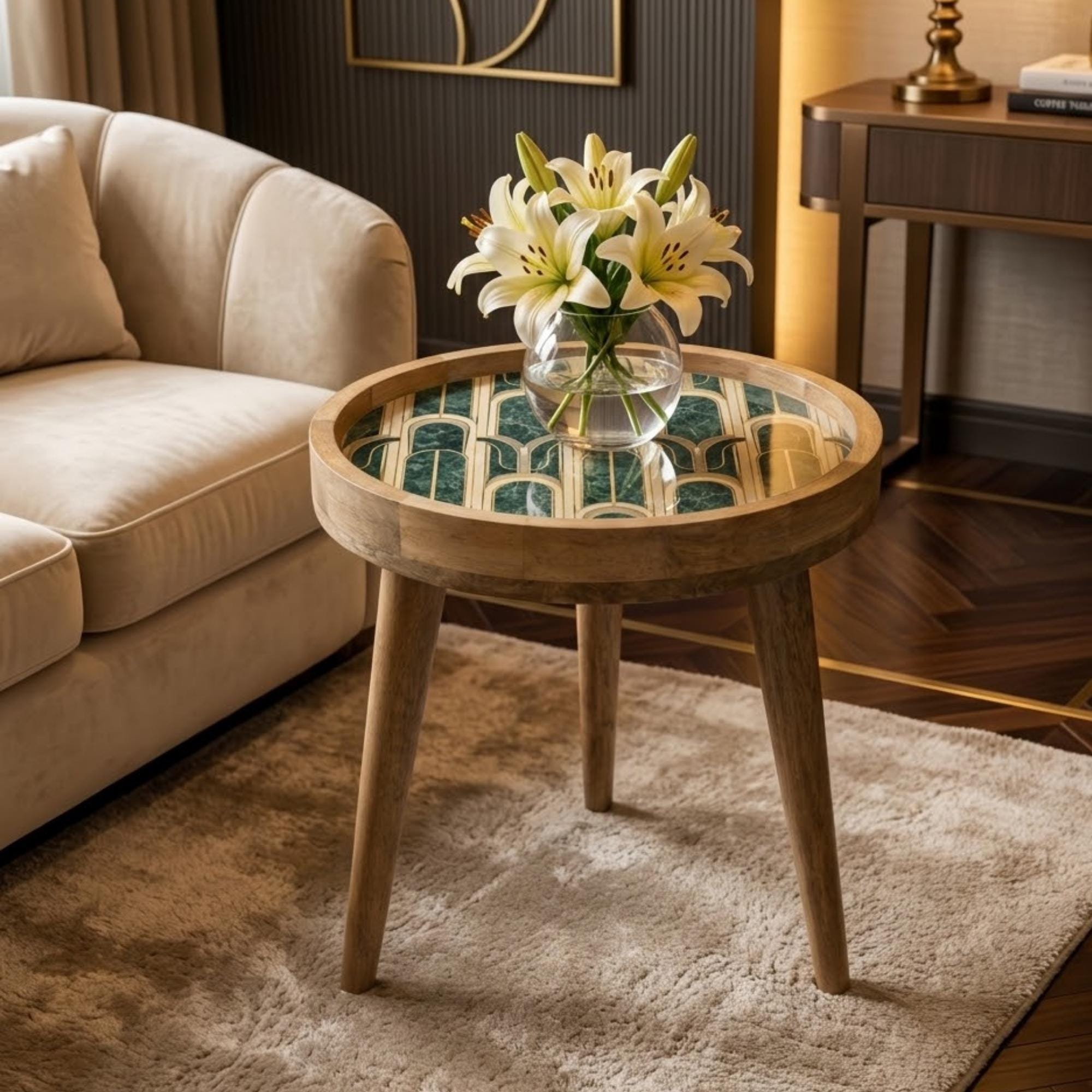 Round Mango Wood Printed End Table | Green Marble Pattern Side Table | Modern Glam Decor