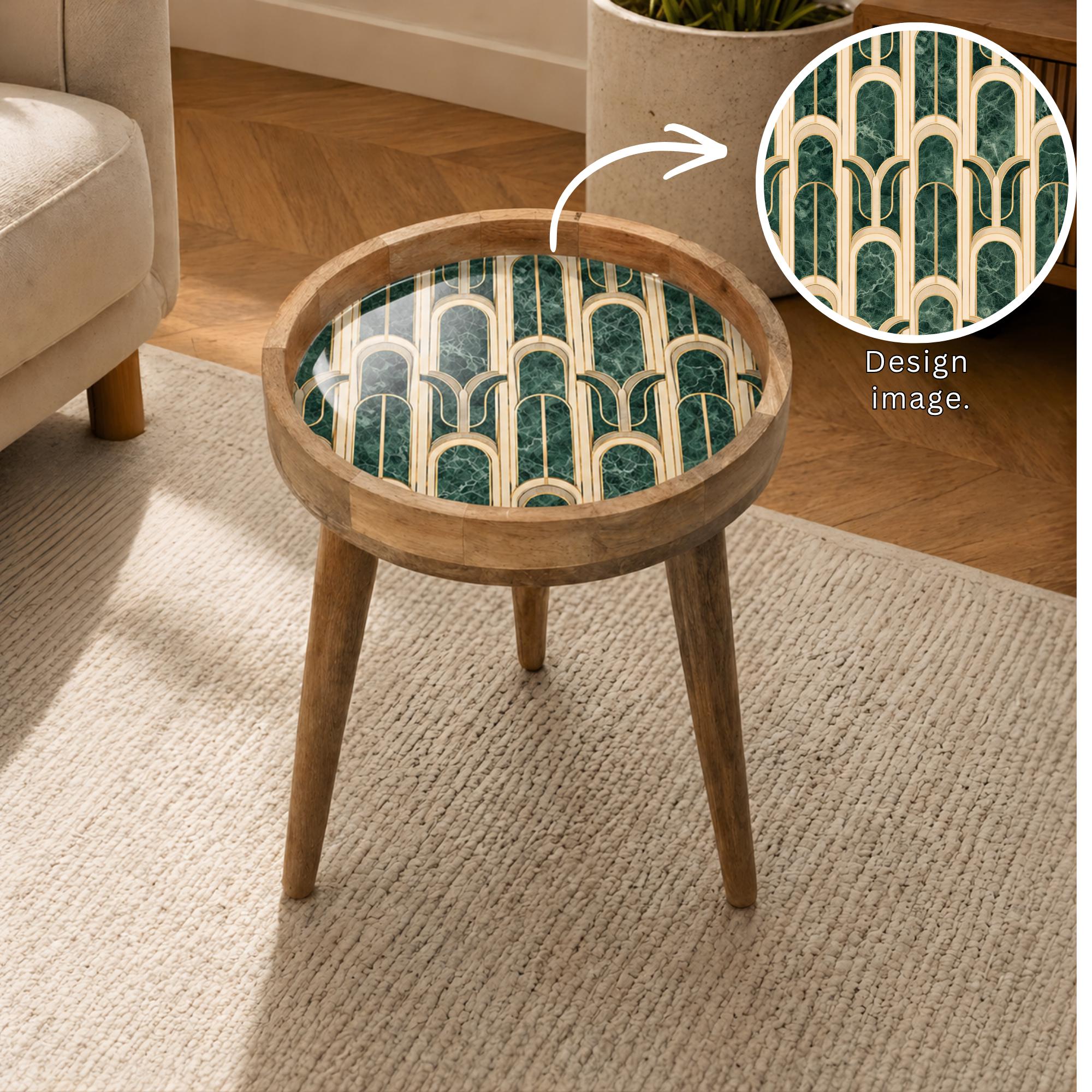 Round Mango Wood Printed End Table | Green Marble Pattern Side Table | Modern Glam Decor