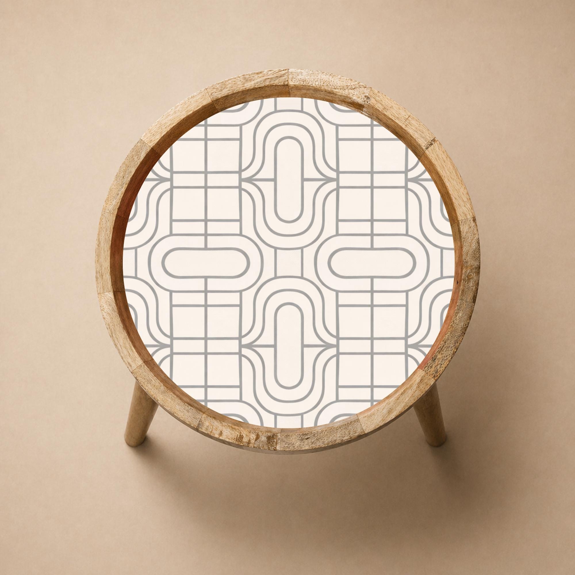 Round Mango Wood Printed End Table | Beige Geometric Side Table | Minimalist Decor