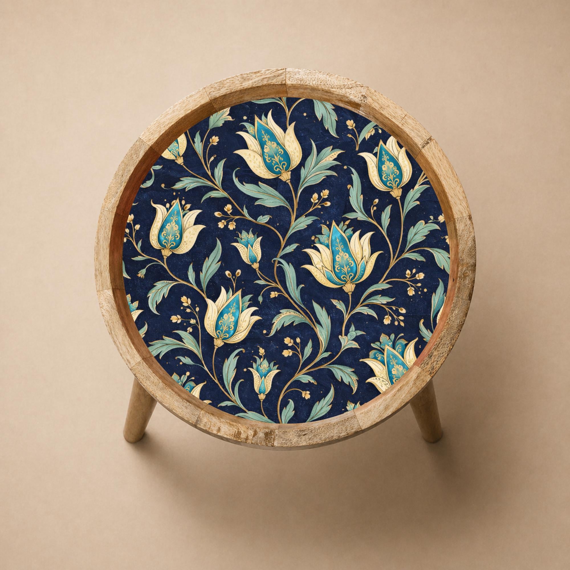 Handmade Printed Mango Wood Side Table | Navy Floral Round End Table | Boho Accent Furniture