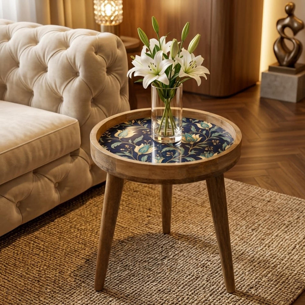 Handmade Printed Mango Wood Side Table | Navy Floral Round End Table | Boho Accent Furniture