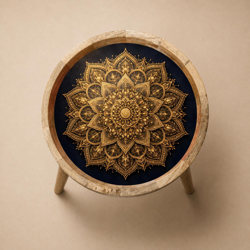 Round Mango Wood Printed End Table | Gold Mandala Side Table | Boho Glam Decor