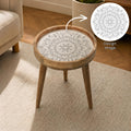 Round Mango Wood Printed End Table | Black White Mandala Side Table | Modern Boho Decor