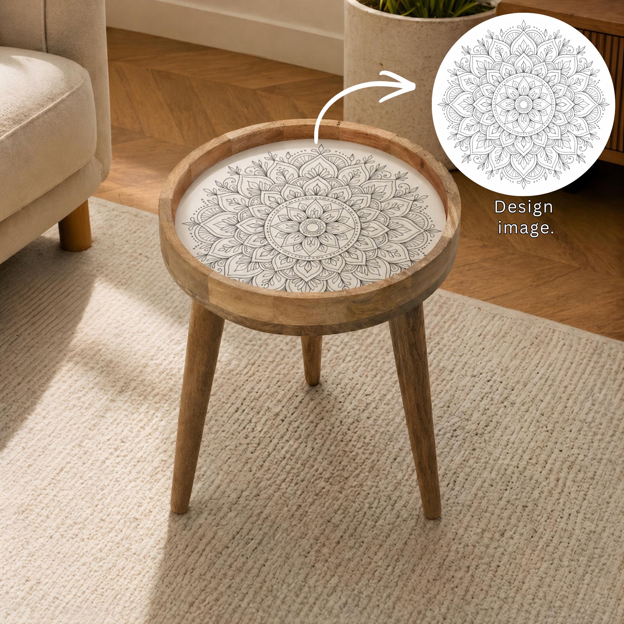 Round Mango Wood Printed End Table | Black White Mandala Side Table | Modern Boho Decor