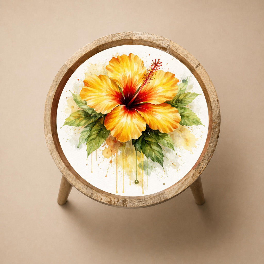 Handmade Mango Wood Side Table with Hibiscus Print | Round Boho Accent Table