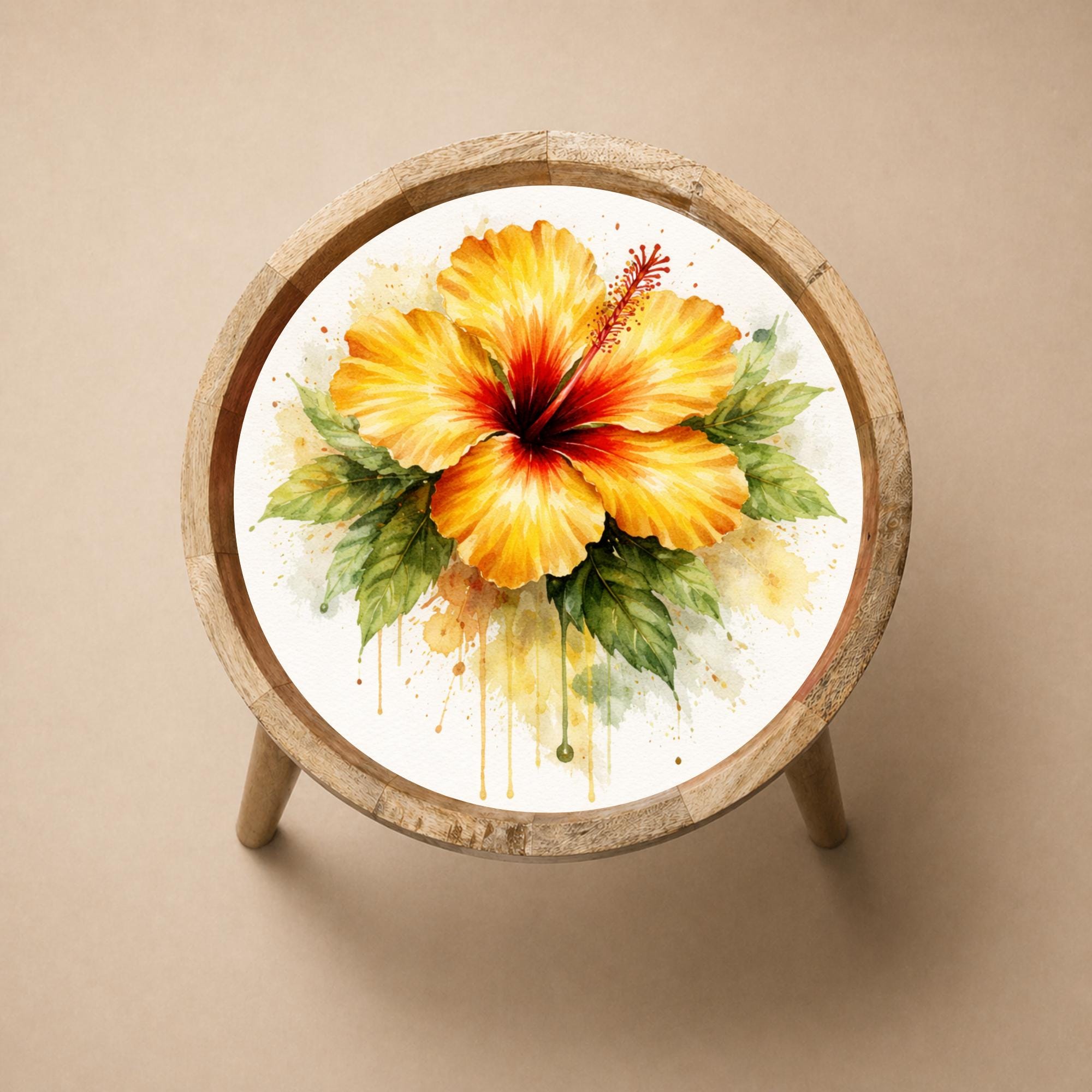 Handmade Mango Wood Side Table with Hibiscus Print | Round Boho Accent Table