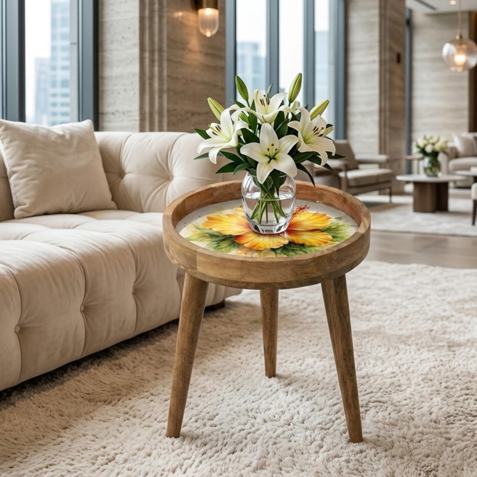 Handmade Mango Wood Side Table with Hibiscus Print | Round Boho Accent Table