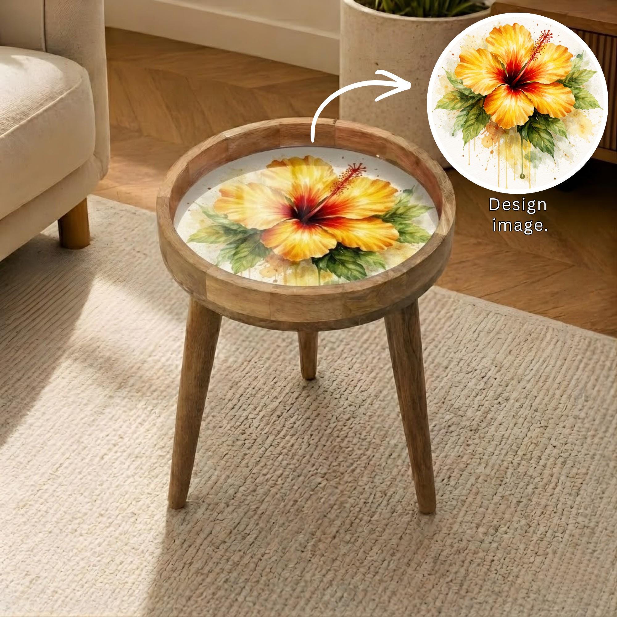 Handmade Mango Wood Side Table with Hibiscus Print | Round Boho Accent Table