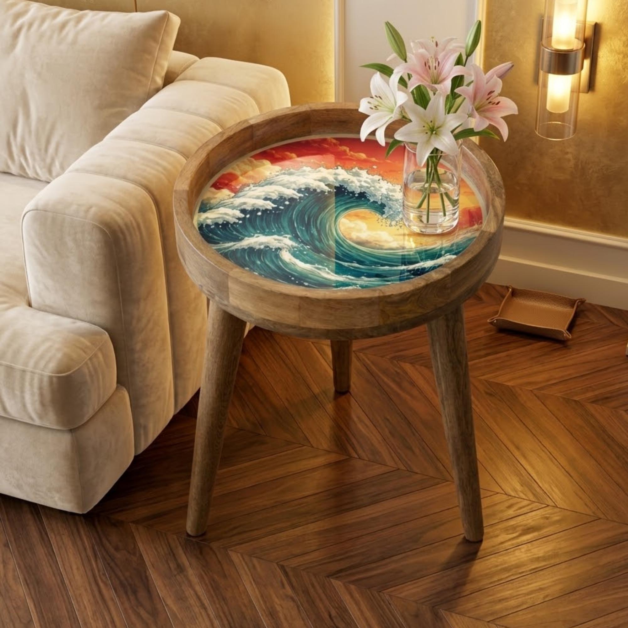 Handmade Mango Wood Side Table | Ocean Wave Print Accent Table | Coastal Decor