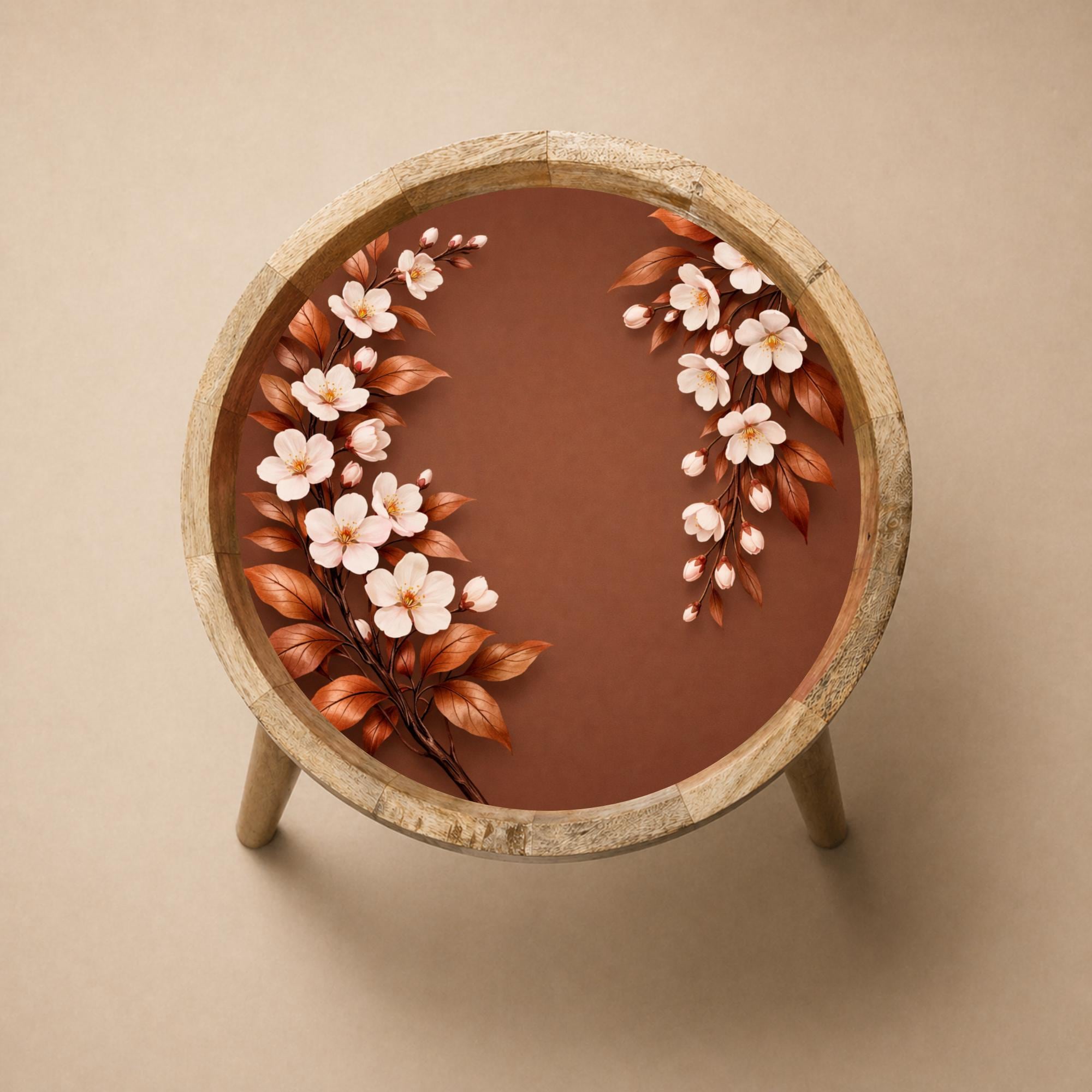 Handmade Mango Wood Side Table | Cherry Blossom Print Round Accent Table