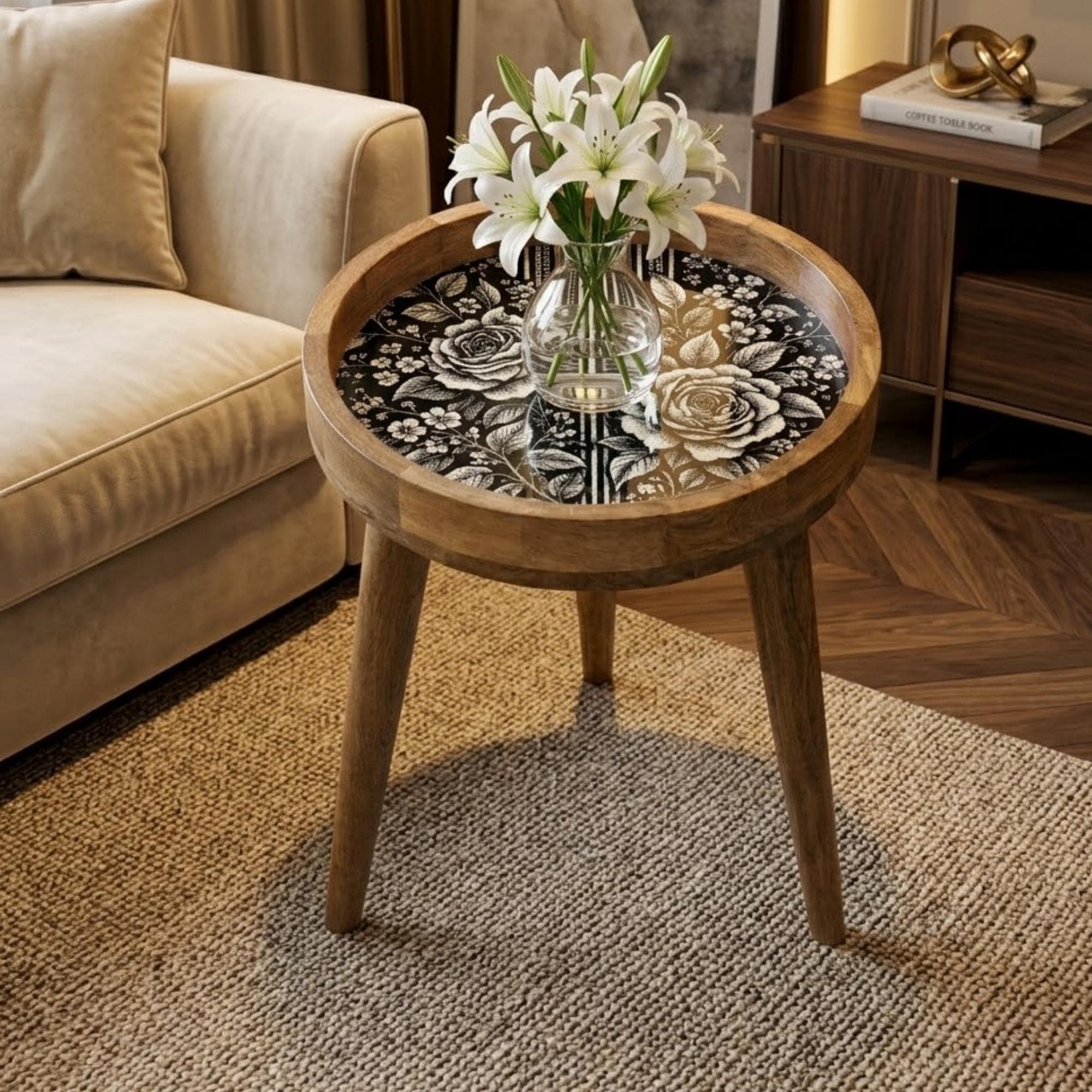 Handmade Mango Wood Side Table | Black White Rose Print Boho Accent Furniture