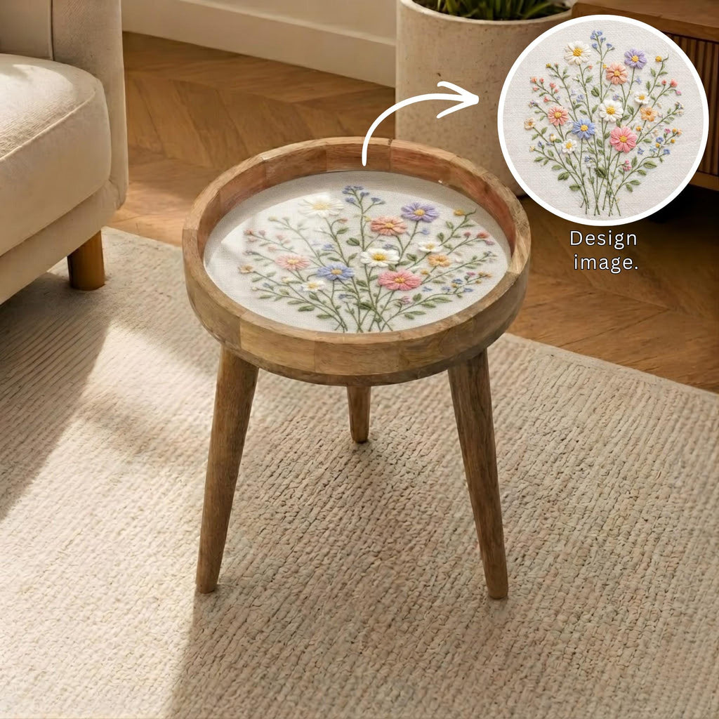 Handmade Mango Wood Side Table | Wildflower Print Round Accent Table